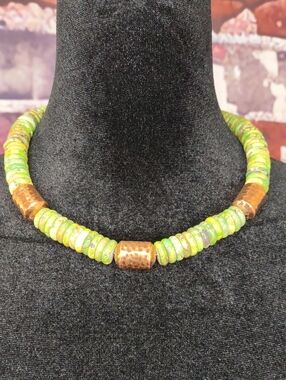 Jay King Lime Green Turquoise Disc Necklace with Copper Accents